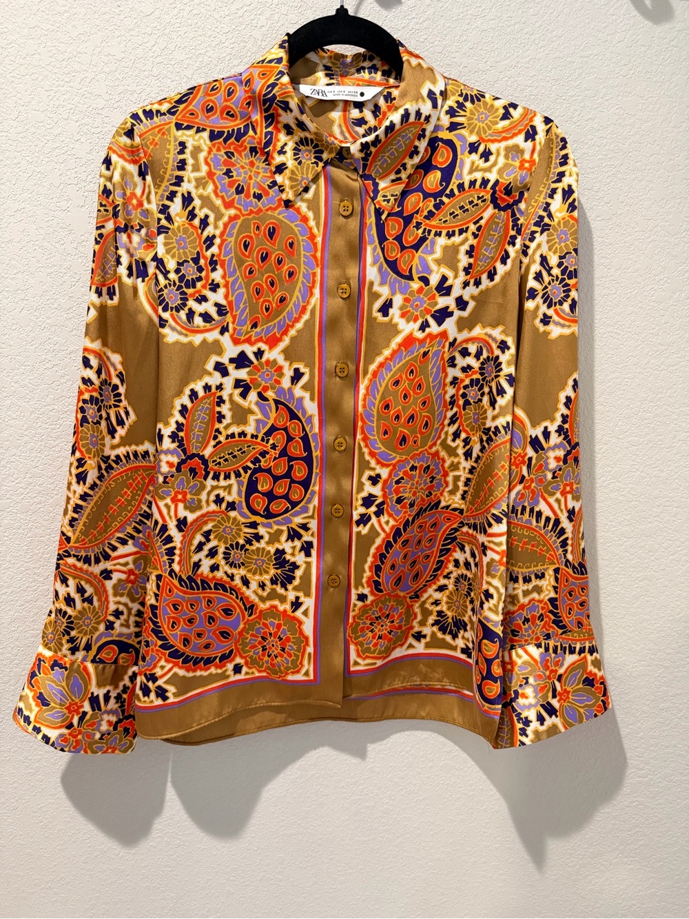 Zara Gold Paisley Silk-Feel Button-Down with Orange & Navy Paisley